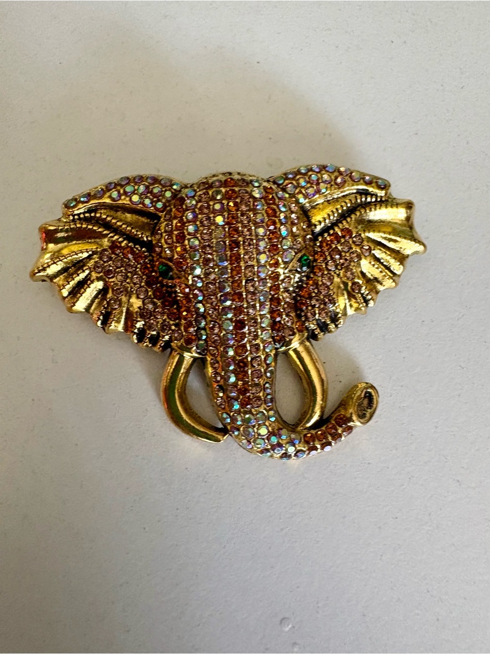 Stanley Gold Elephant Brooch with Pink and Iridescent Crystals